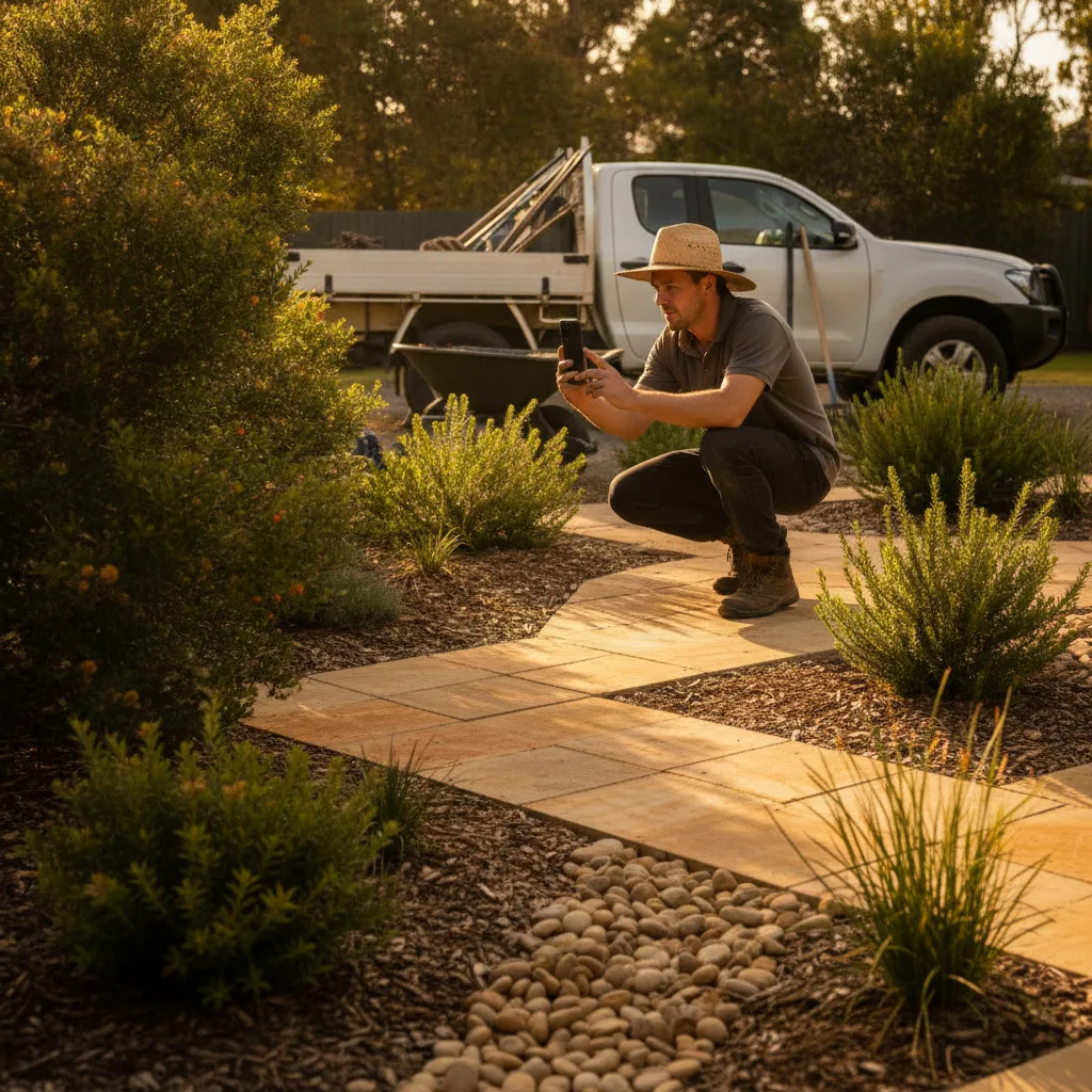 Landscaper photographing a finished native garden with his phone at golden hour