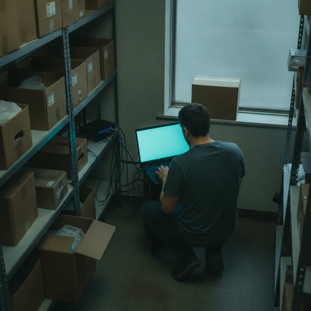 Technician at a glowing laptop in the back room of a small shop, seen over the shoulder