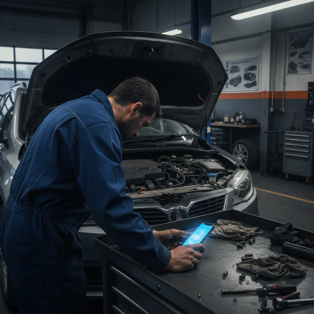 A mechanic works on an engine while a phone lights up on the workbench beside him