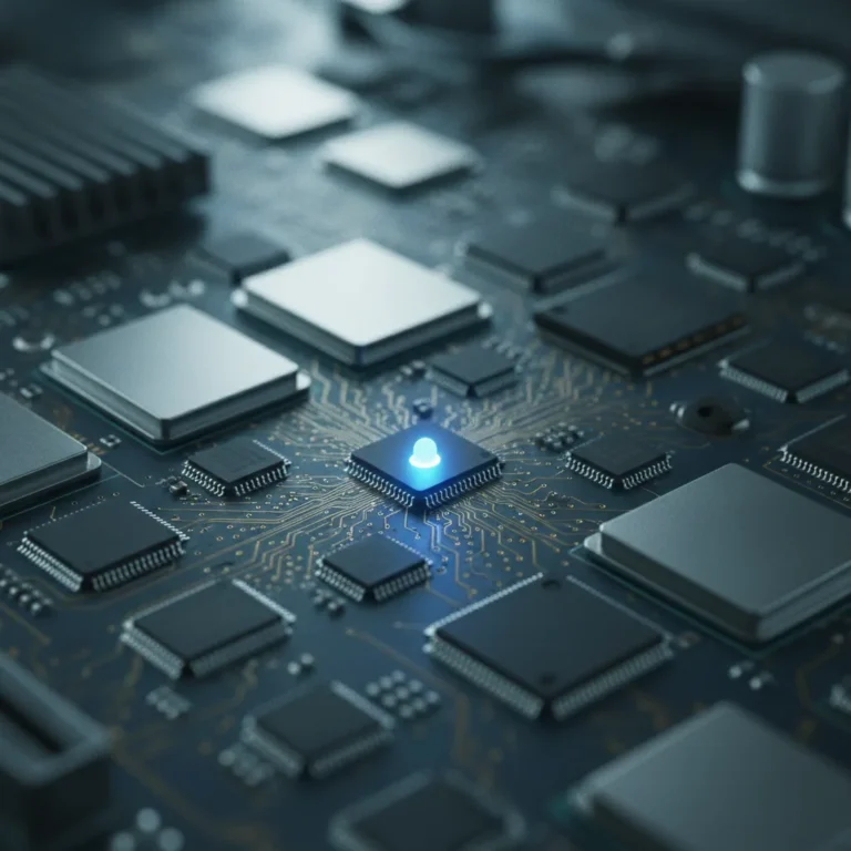 Macro shot of a circuit board with gold traces and a glowing blue light