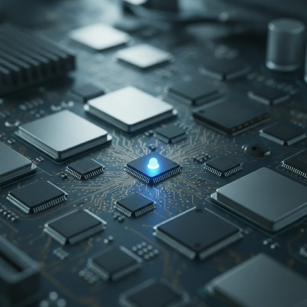 Macro shot of a circuit board with gold traces and a glowing blue light