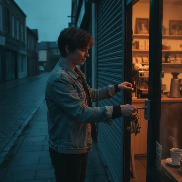 New owner unlocking the roller door of a small shop at dawn with keys in hand