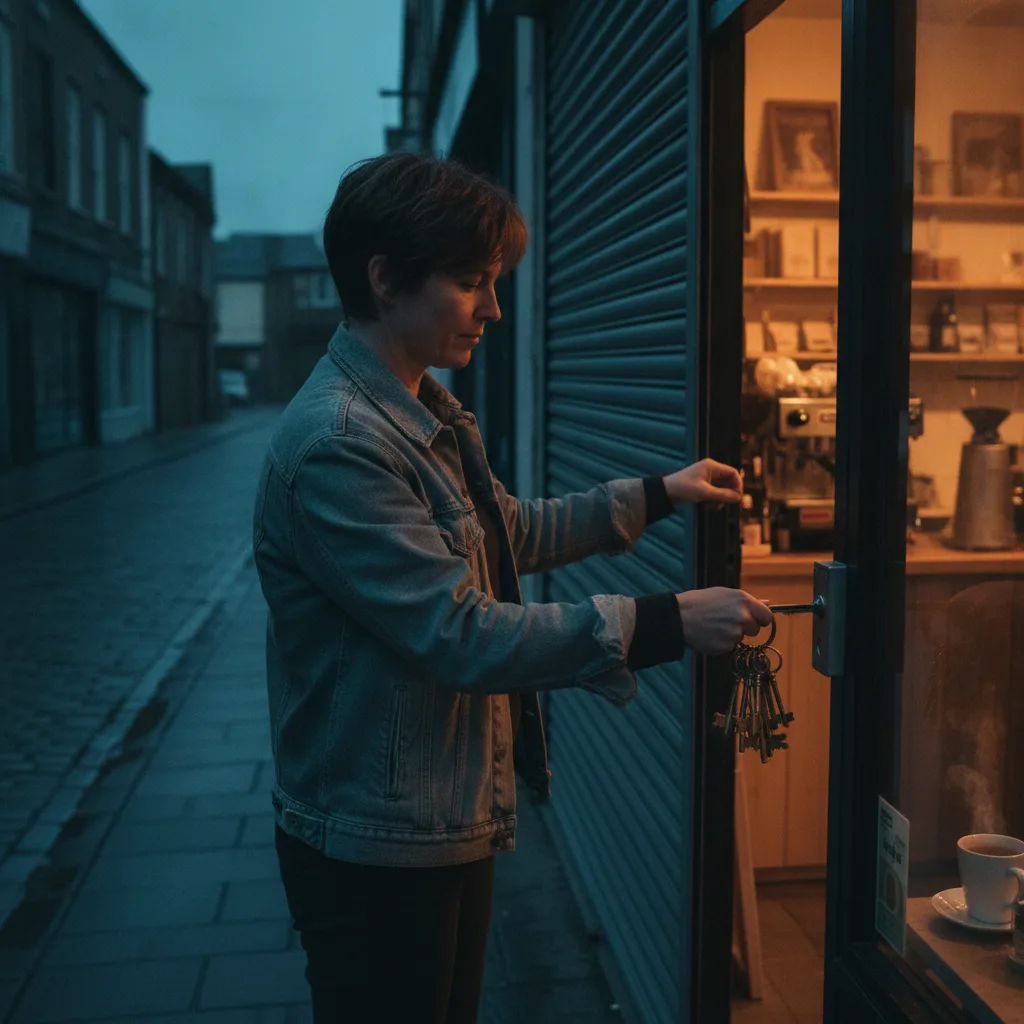 New owner unlocking the roller door of a small shop at dawn with keys in hand