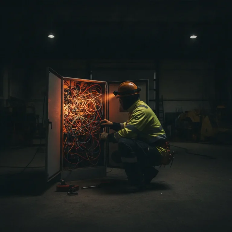 Lone electrician with a head torch working at an open switchboard