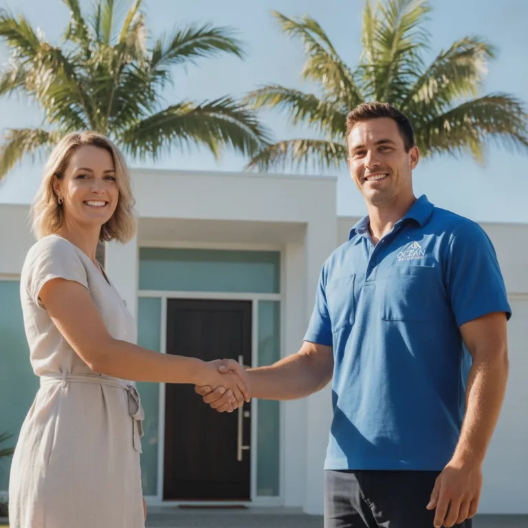 A tradesperson shaking hands with a homeowner at a sunny Gold Coast front door