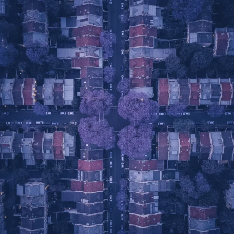Aerial view of Inner West Sydney terrace house roofs at dusk