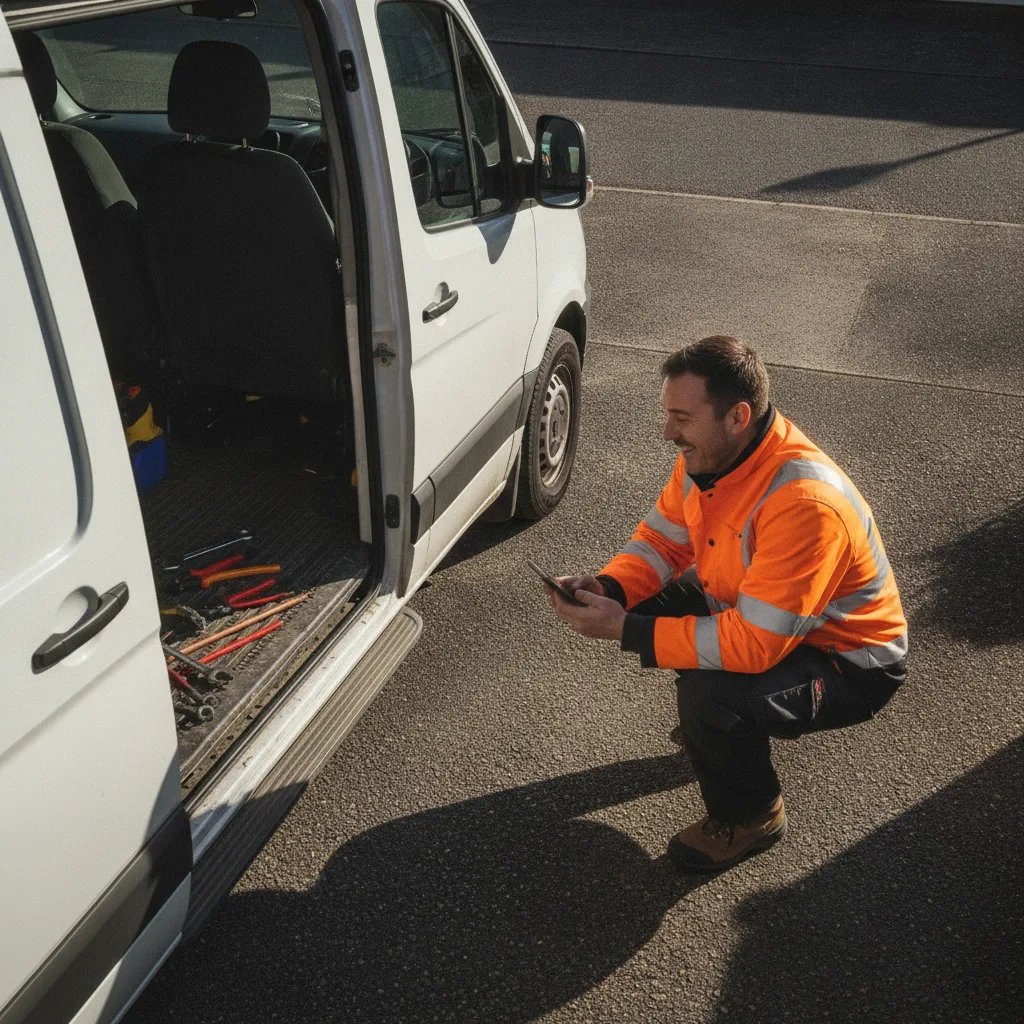 Plumber in hi-vis checking his phone beside a work van on a sunny driveway