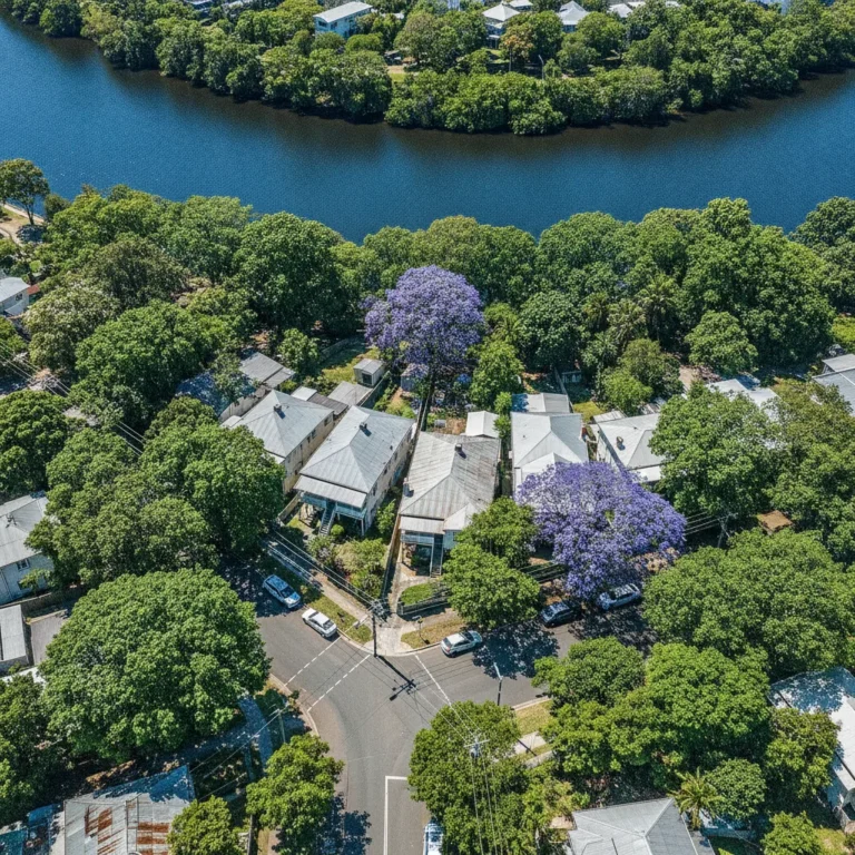 Aerial view of leafy Brisbane suburban rooftops and streets beside the river in bright daylight