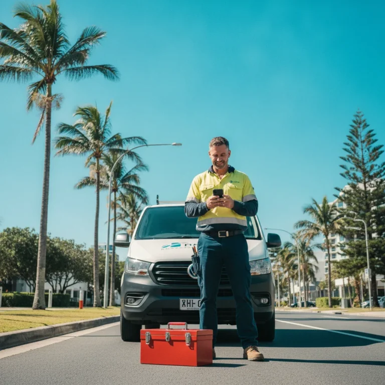 Plumber checking his phone beside a work van on a sunny Gold Coast street