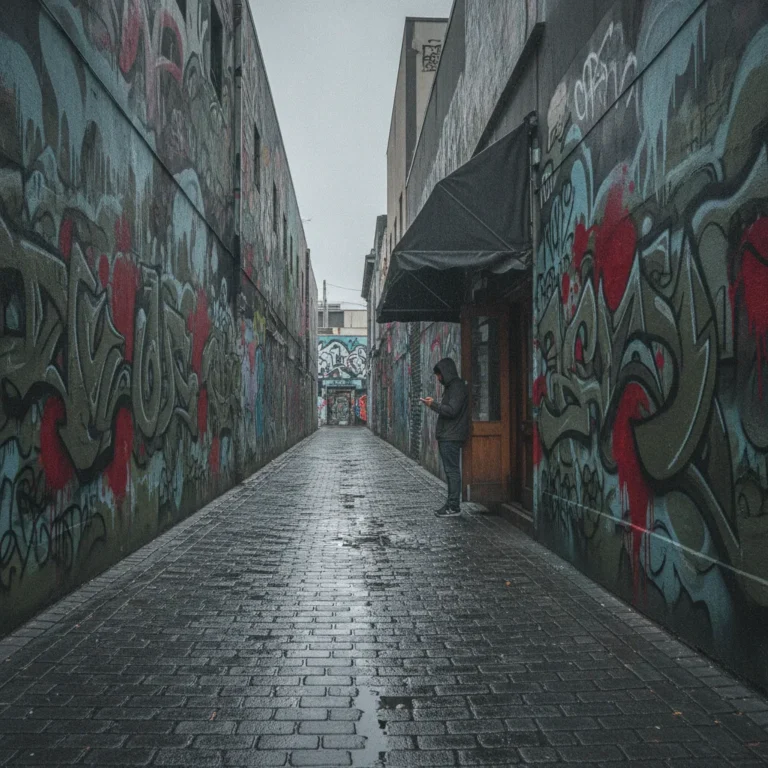 Person checking a phone in an overcast Melbourne laneway with street art and cafe
