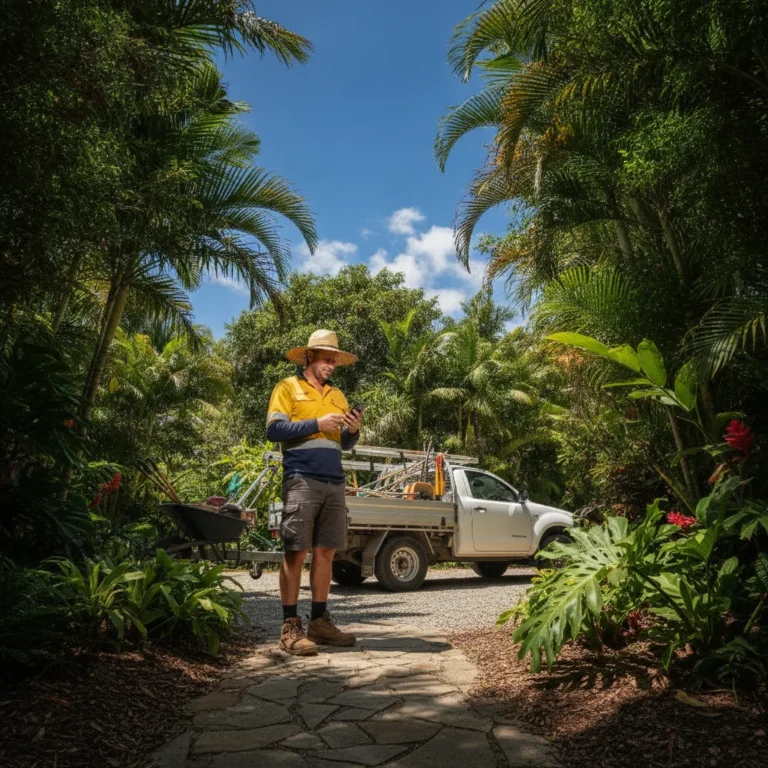 Landscaper in a tropical garden beside a ute and trailer looking at his phone in strong sun