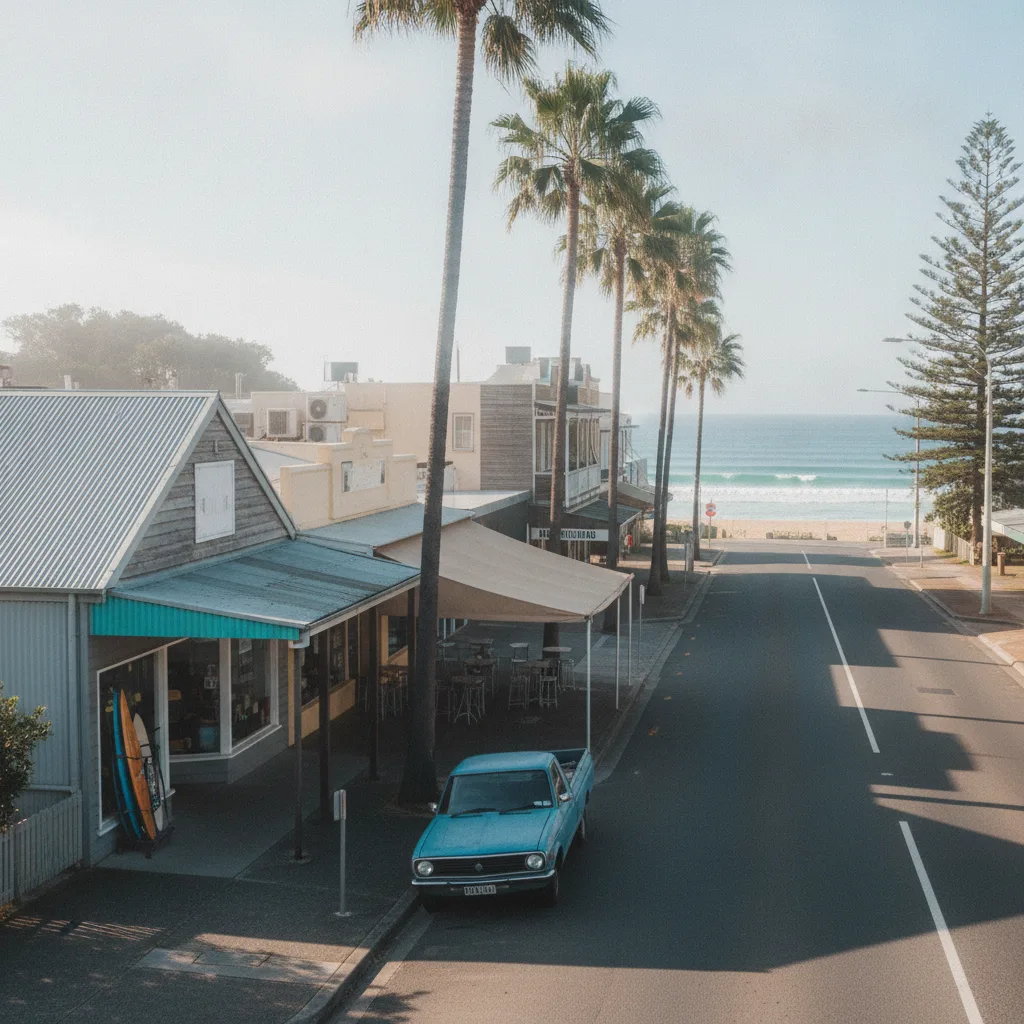 A sunny Sunshine Coast beachside street with shops, palms and a ute