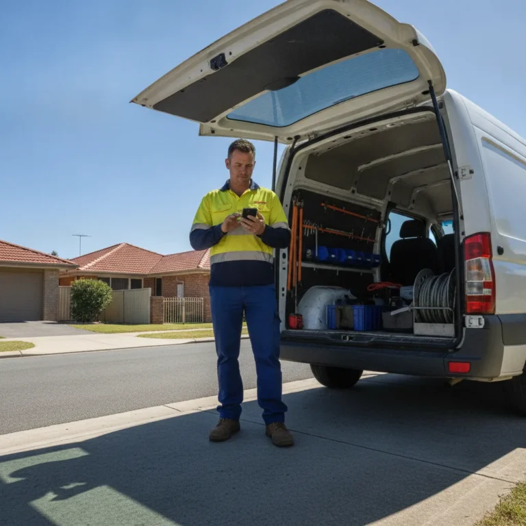 Plumber in hi-vis holding a phone beside an open white work van on a sunny suburban street