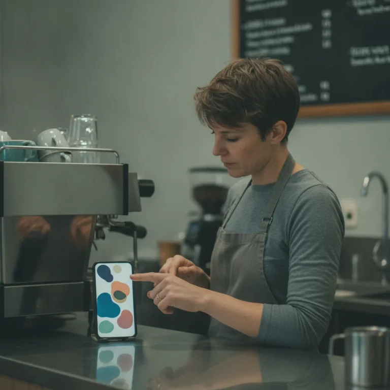 Cafe owner at the counter using a glowing smartphone beside an espresso machine