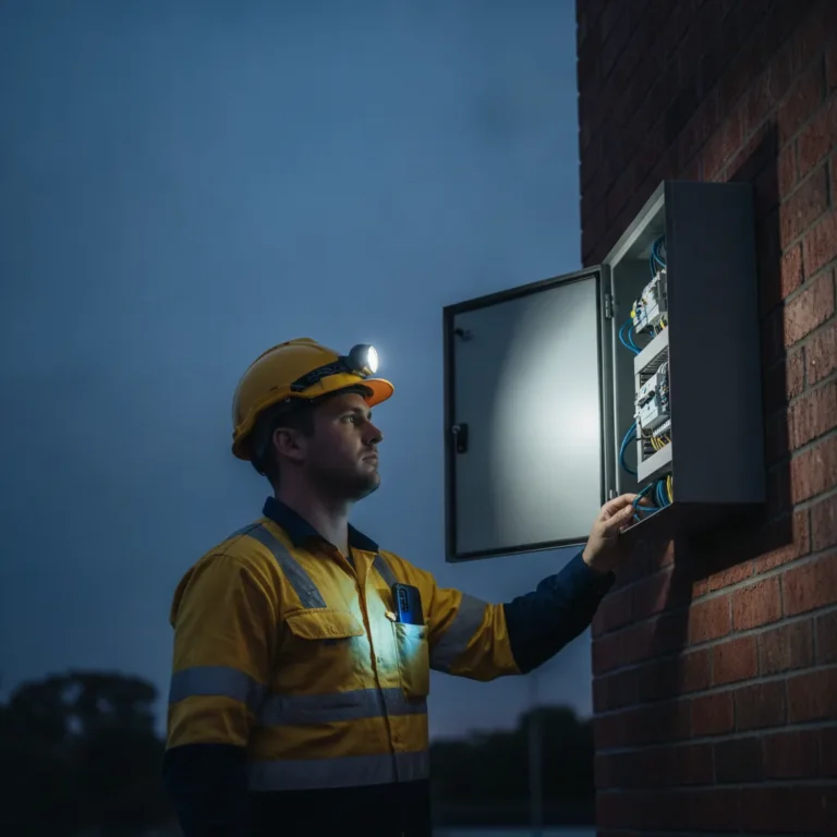 Electrician in hi-vis working at an open switchboard on a brick house at dusk