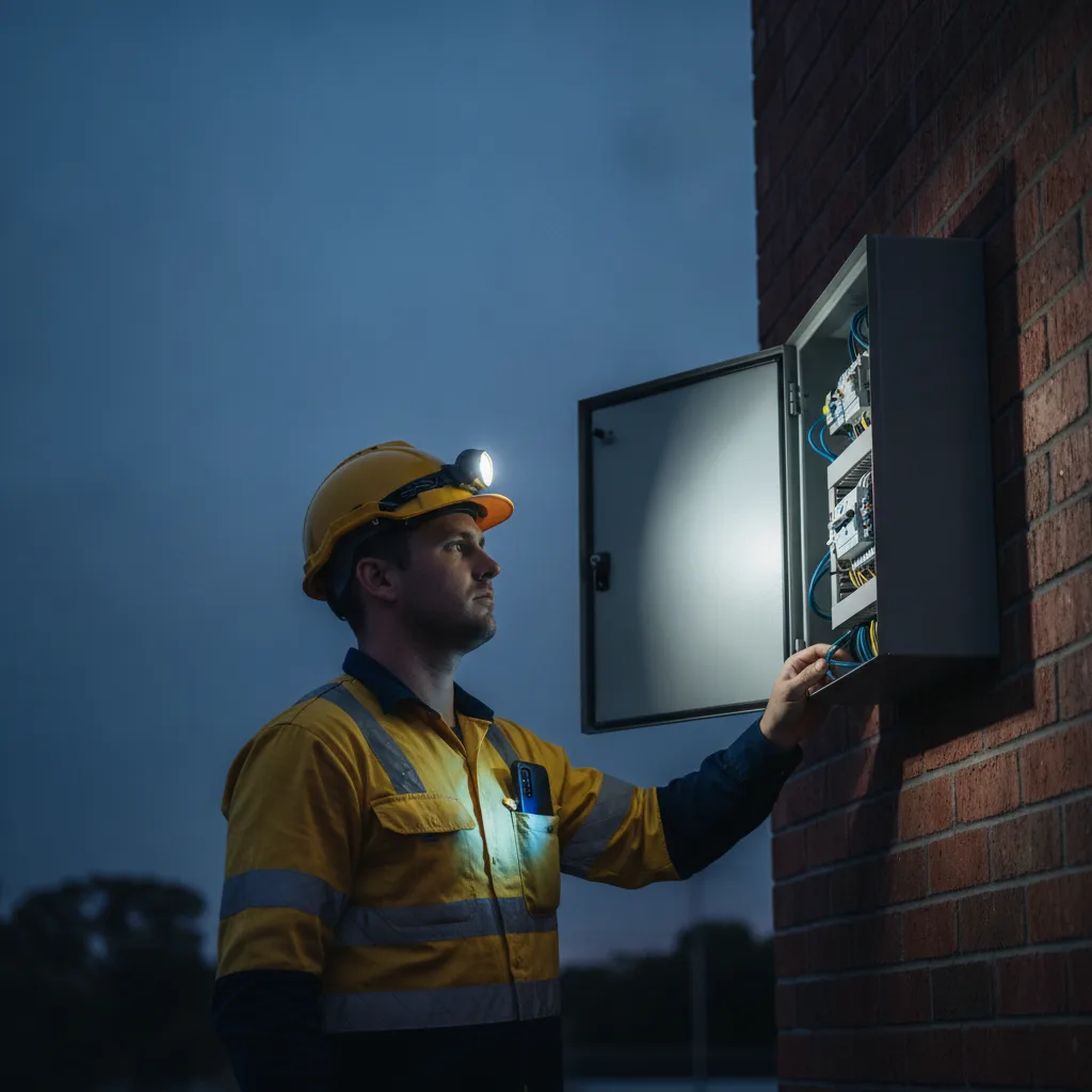 Electrician in hi-vis working at an open switchboard on a brick house at dusk