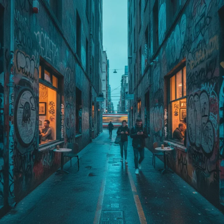 Melbourne laneway at dusk with glowing cafe windows, pedestrians and a tram in the distance