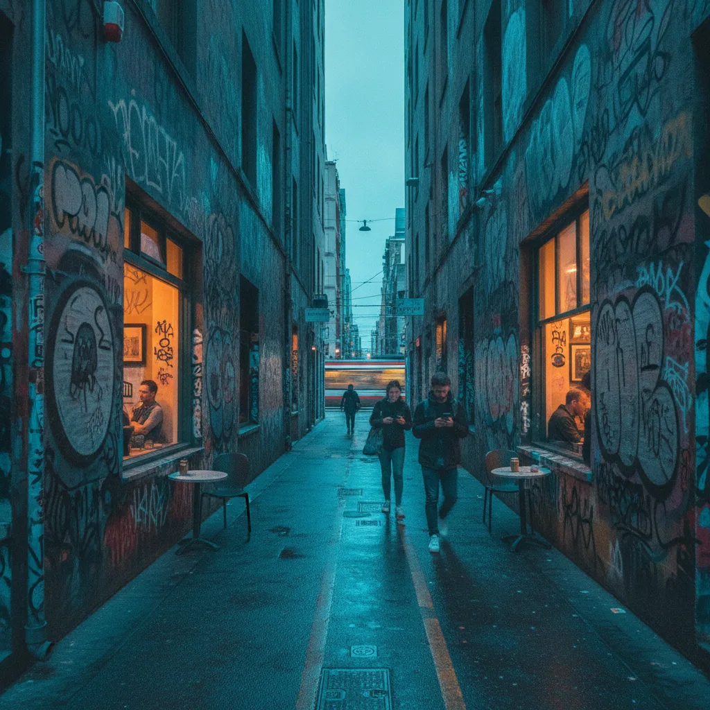Melbourne laneway at dusk with glowing cafe windows, pedestrians and a tram in the distance