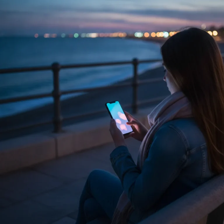 Woman scrolling a glowing phone on a beachside promenade at dusk