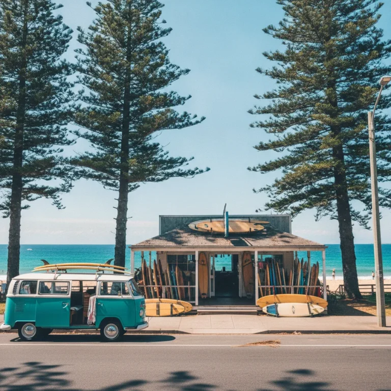Sunny Northern Beaches style street with pine trees, surf shop and turquoise ocean behind