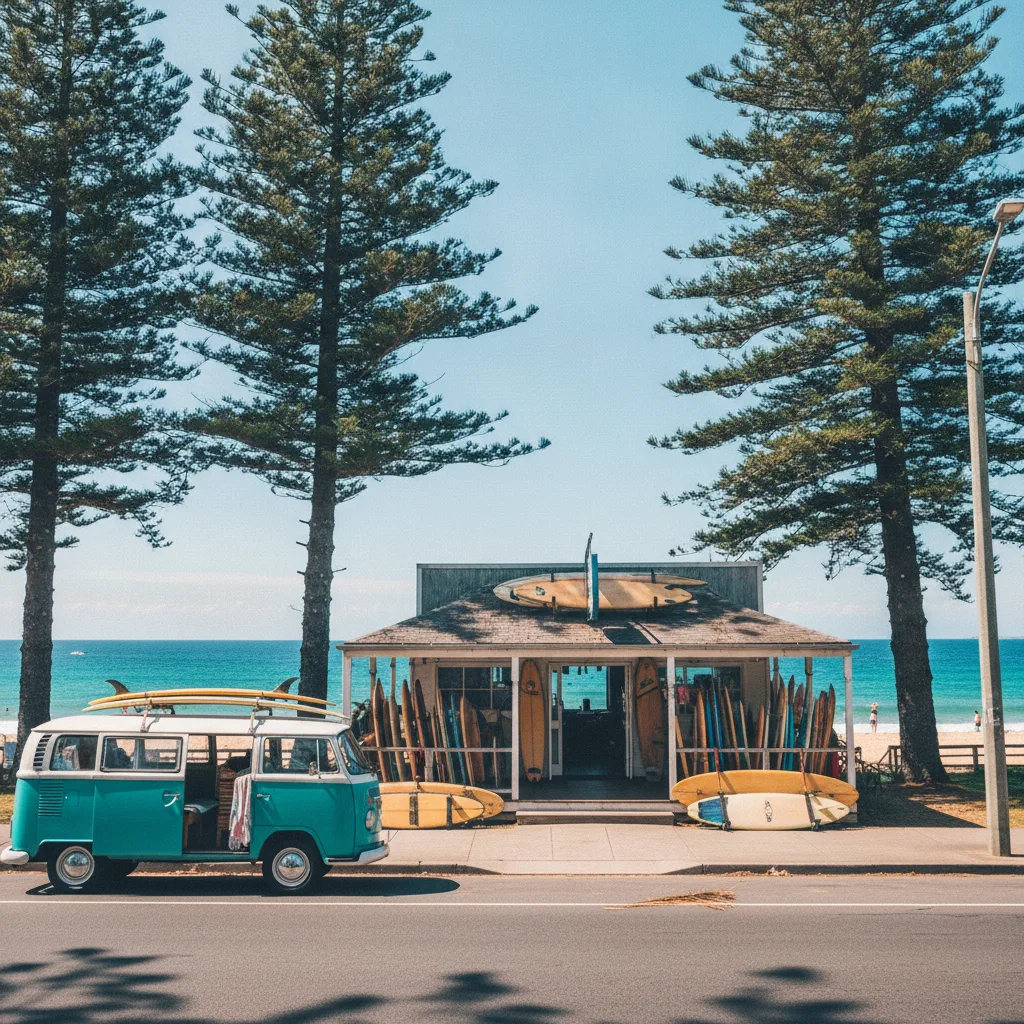 Sunny Northern Beaches style street with pine trees, surf shop and turquoise ocean behind
