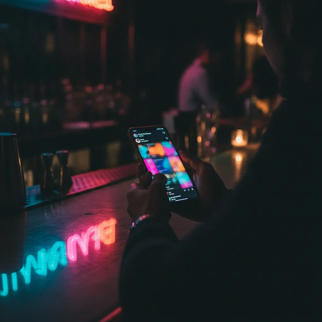 Hand holding a glowing smartphone in a neon-lit bar at night, screen showing a blurred social feed