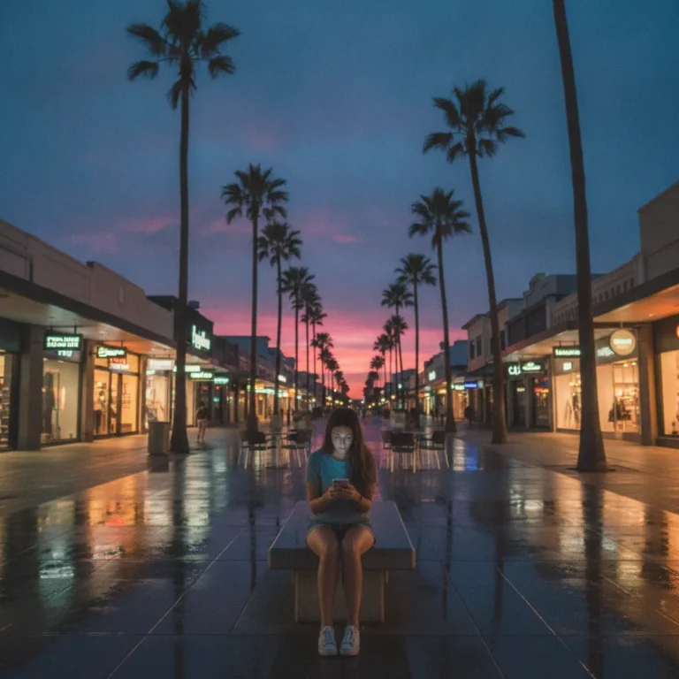 Woman scrolling her phone on a Sunshine Coast beachside street at dusk with glowing shopfronts