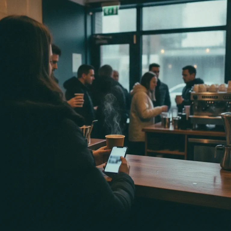 Barista handing a coffee to a customer holding a phone in a busy cafe