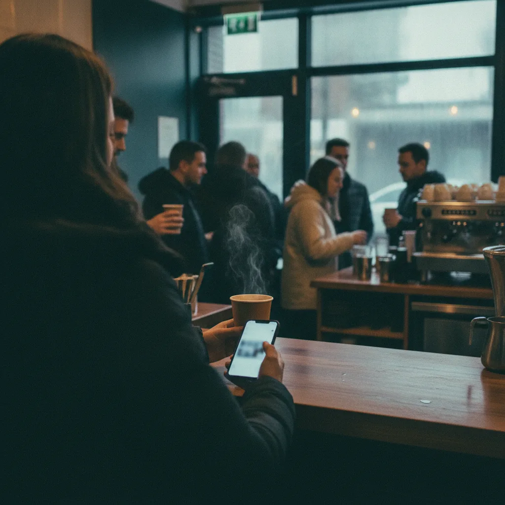 Barista handing a coffee to a customer holding a phone in a busy cafe