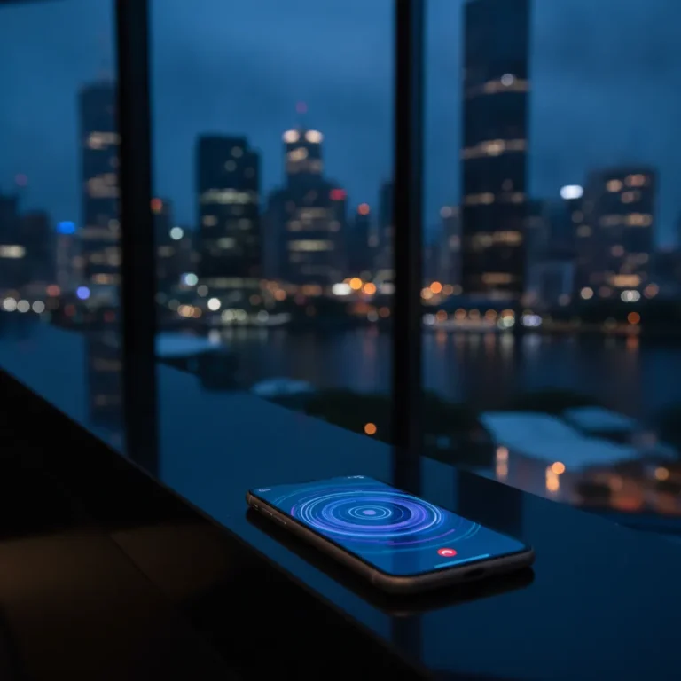 Smartphone ringing on a reception counter with Brisbane city towers glowing at blue dusk behind it
