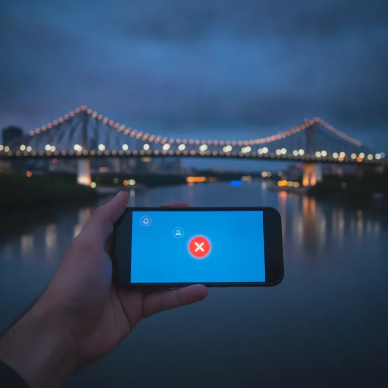 Hand holding a glowing phone with the Story Bridge in Brisbane blurred behind at dusk