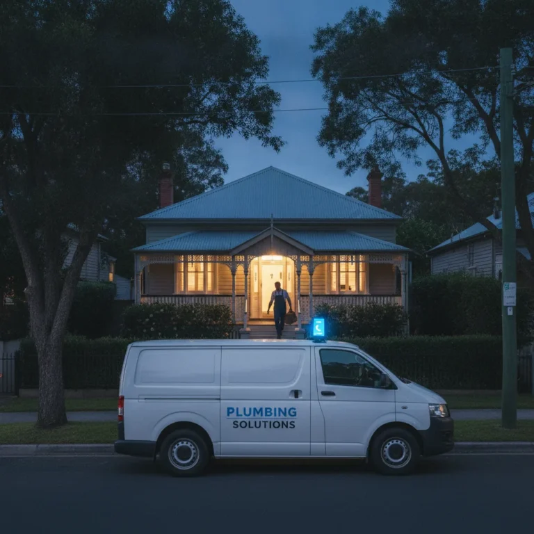 Plumber's van at dusk outside a Queenslander home with a phone glowing on the bonnet