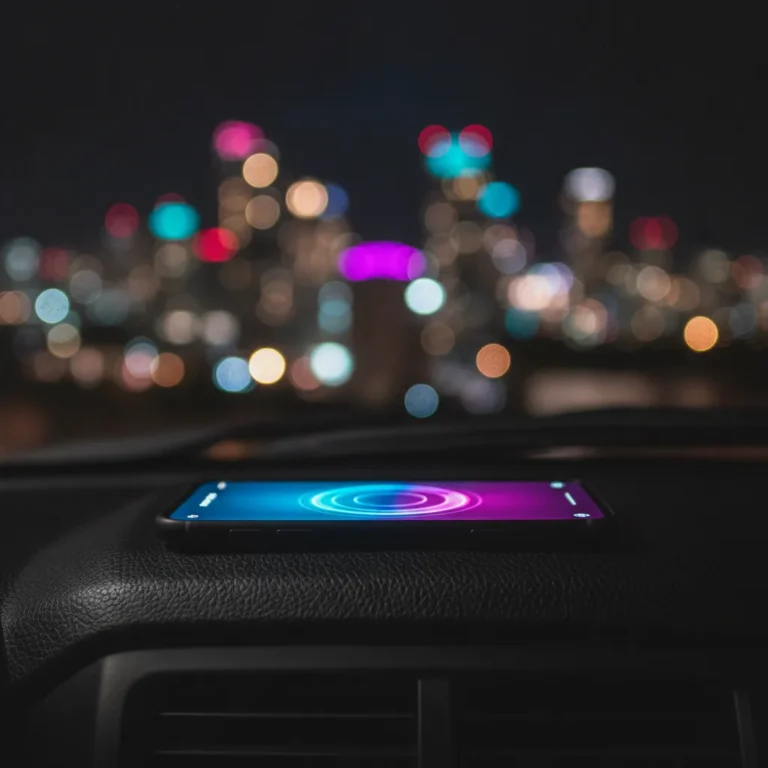 A glowing smartphone on a ute dashboard at night with Gold Coast lights blurred behind