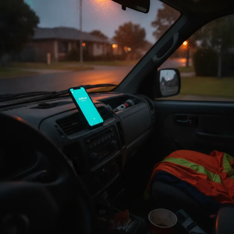 Phone glowing on a ute dashboard at night on a quiet suburban street