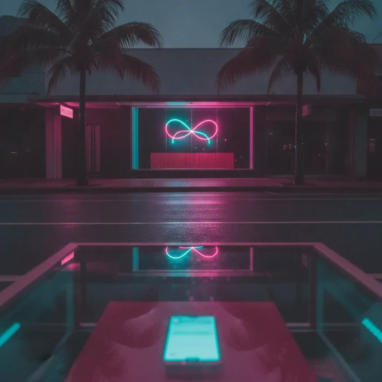 Coastal Queensland shopfront at twilight with neon glow and a lit phone on the counter
