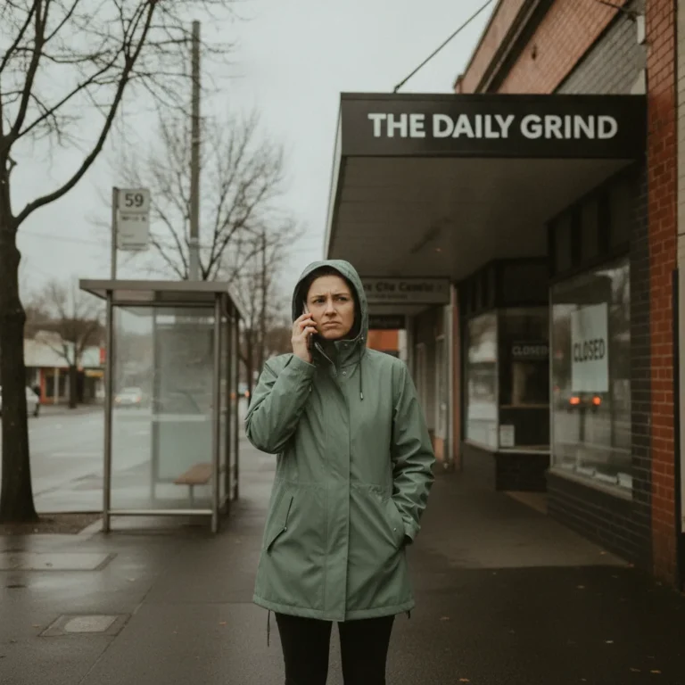A woman in a raincoat phones from outside a closed suburban shop on a grey Melbourne morning