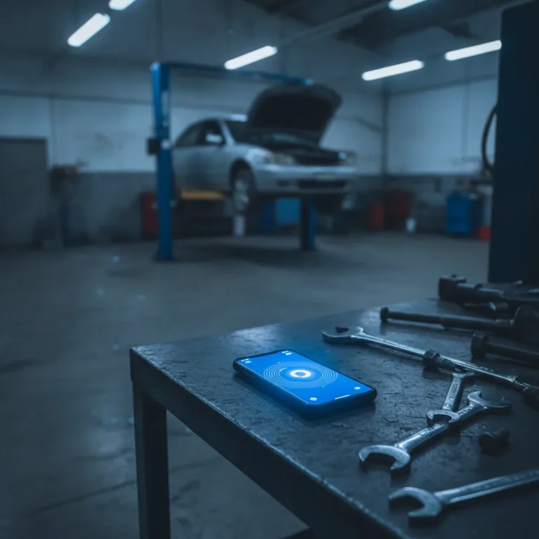 Smartphone glowing on a workbench in an empty workshop at dusk, an unanswered call