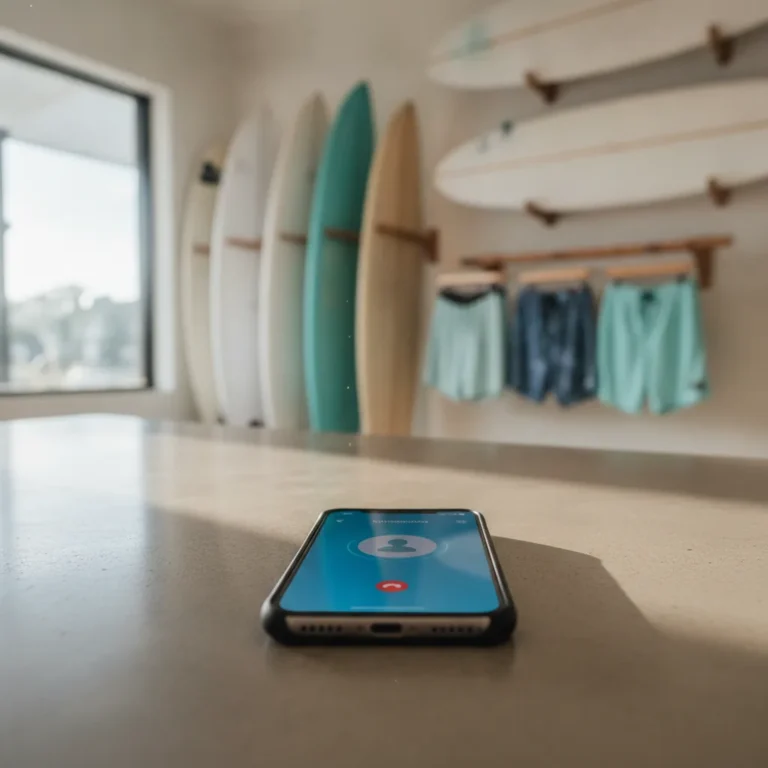A ringing phone sits on the counter of an empty surf shop with surfboards blurred behind it