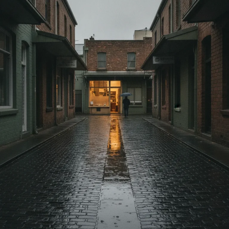 A wet Inner West Sydney laneway with a small shop and a phone on its counter