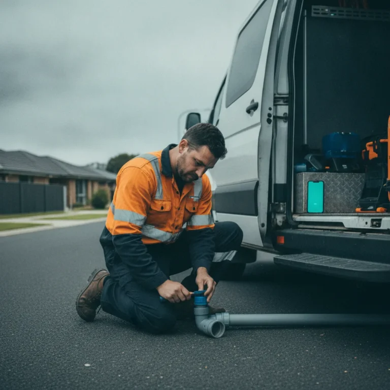 Plumber working beside a van while his phone lights up with an unanswered call on the bumper