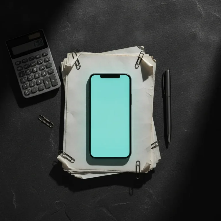 Overhead view of old paper quotes, calculator and a glowing phone on dark slate