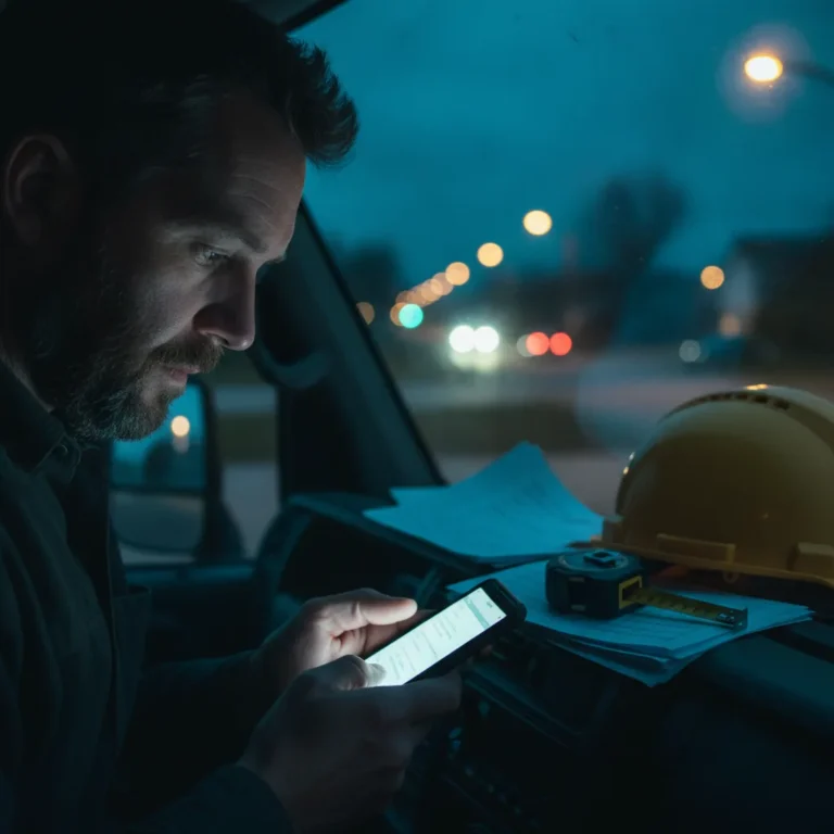 Builder in a ute at dusk lit by his phone screen with paper quotes on the dash