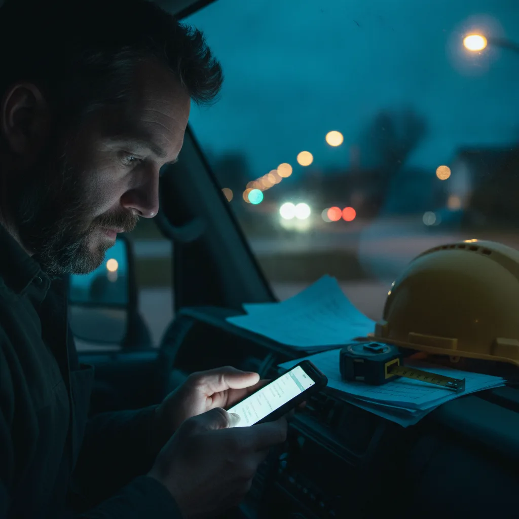 Builder in a ute at dusk lit by his phone screen with paper quotes on the dash