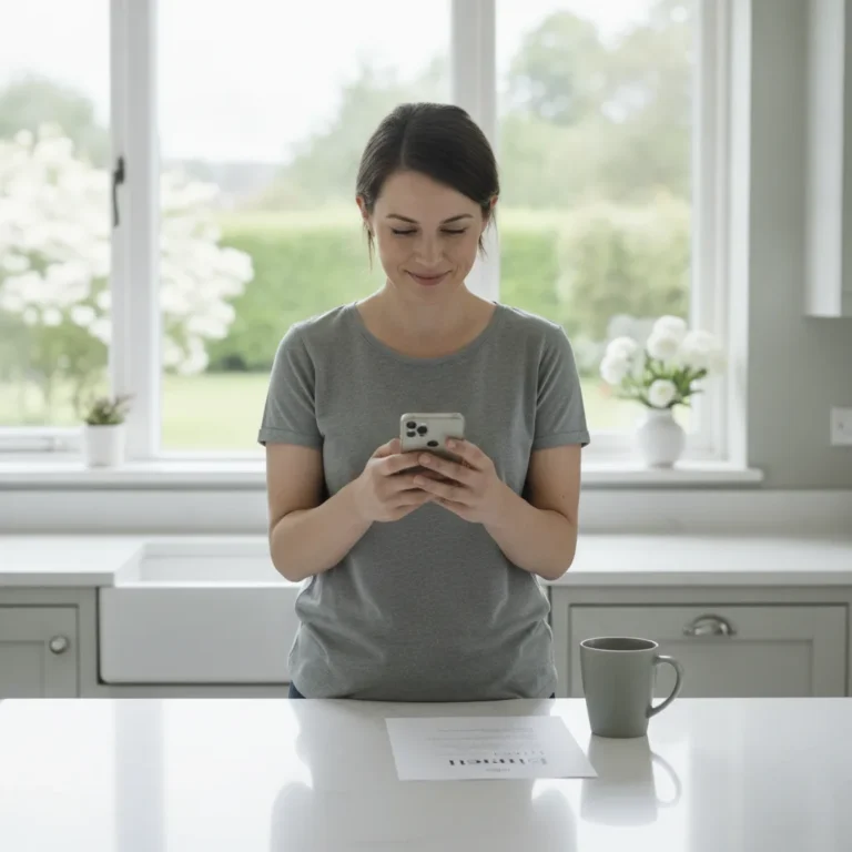 Homeowner at a kitchen bench looking at a phone beside a printed quote