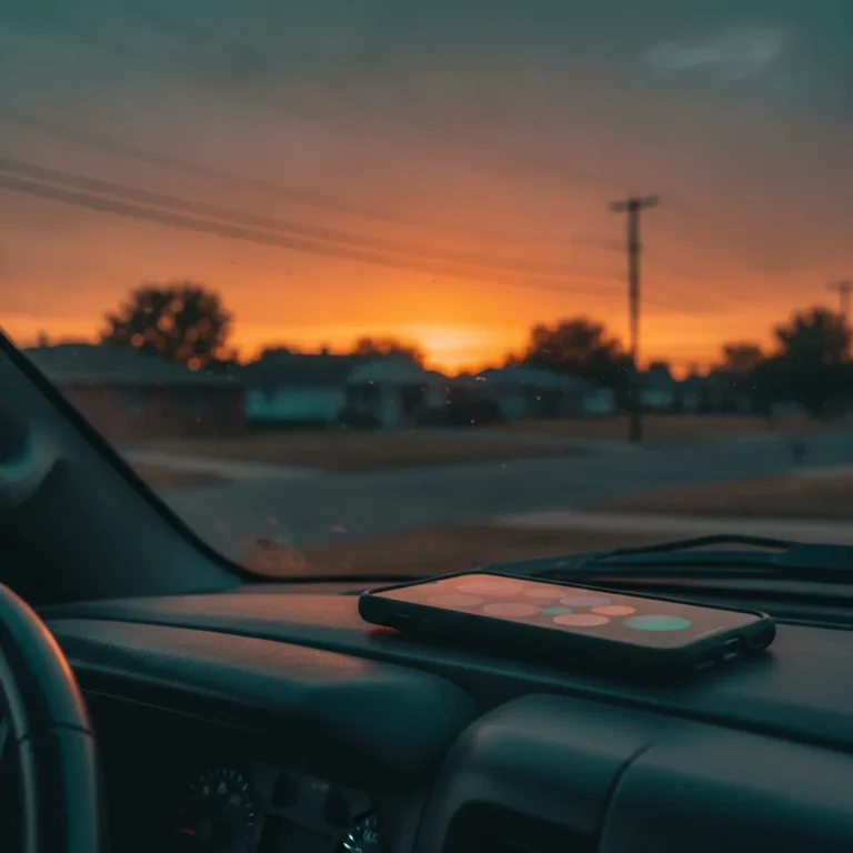 Smartphone glowing on a ute dashboard at sunset with a blurred suburban street behind