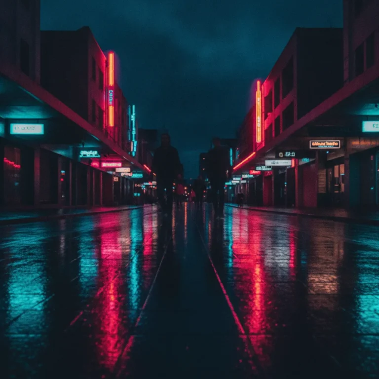 Neon-lit Brisbane street at night with wet pavement reflections and pedestrians