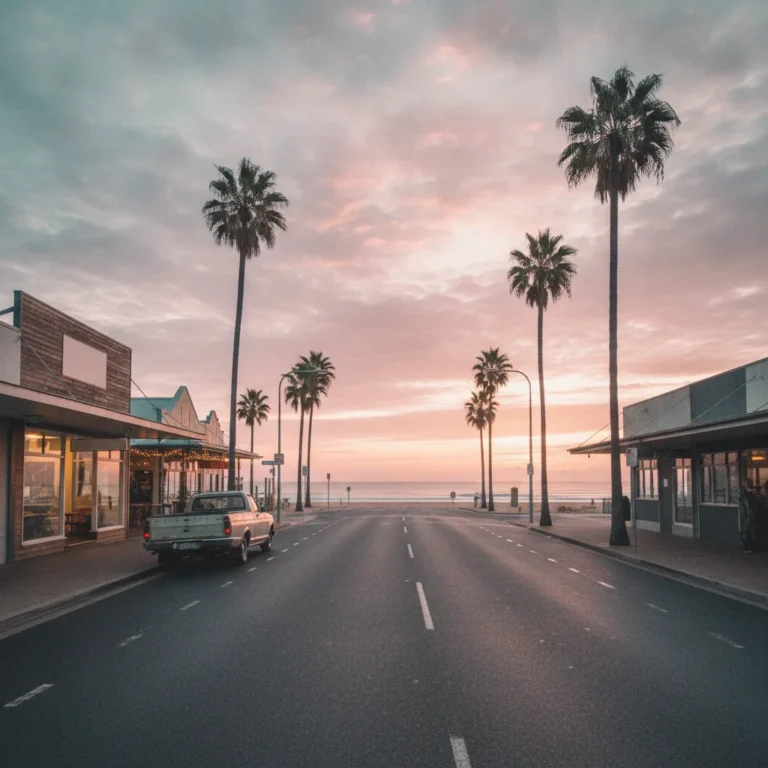 Sunshine Coast beachside street at sunrise with a surf shop, cafe, palms and a parked ute
