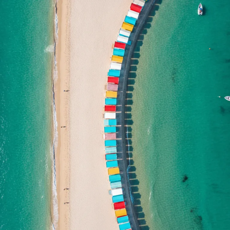 Aerial view of colourful bathing boxes on a Melbourne bayside beach beside turquoise water