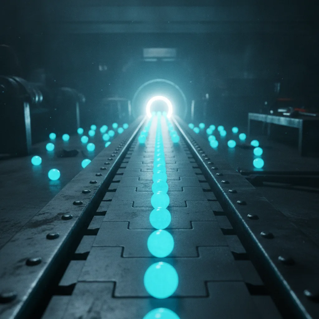 Glowing blue spheres funnelling into a single line along a conveyor belt