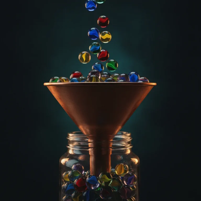 Coloured marbles falling through a copper funnel into a glass jar